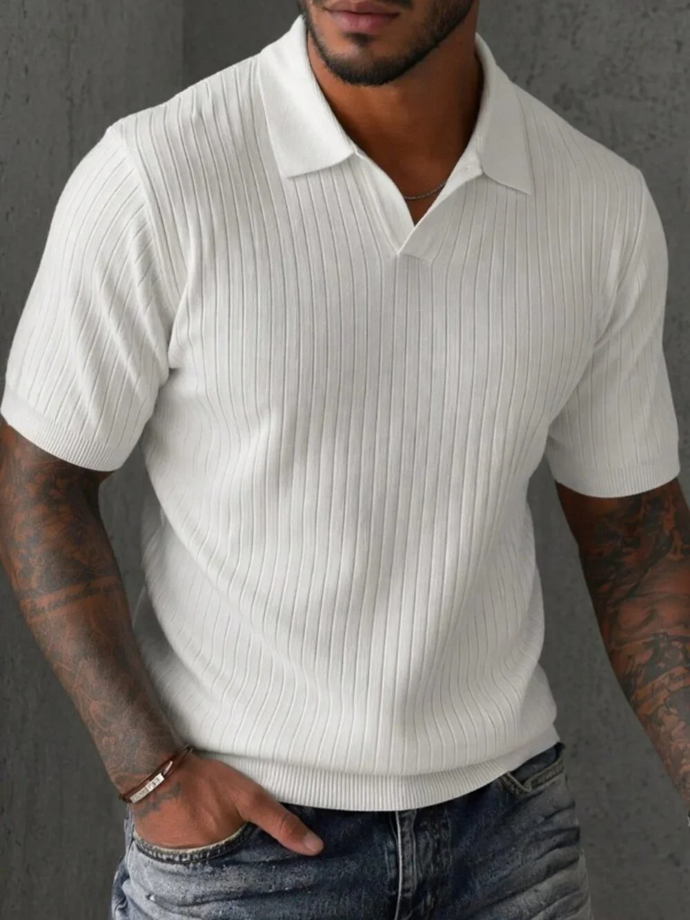 White Sports Men's Loose Rib-Knit Collar Short Sleeve Sweater